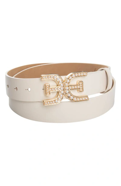 Shop Sam Edelman Imitation Pearl Logo Plaque Belt In Ivory