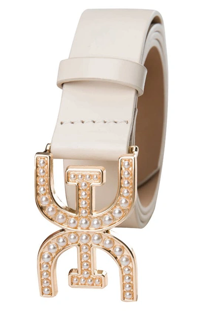 Sam Edelman Imitation Pearl Logo Plague Belt In Ivory