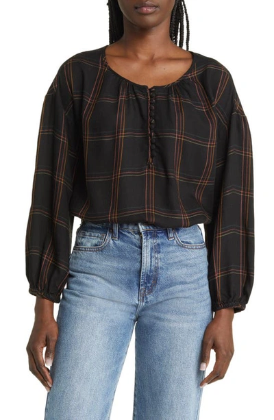 Shop Madewell Windowpane Shirred Peasant Top In True Black