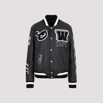 Shop Off-white Off White Moon Varsity Leather Jacket In Black