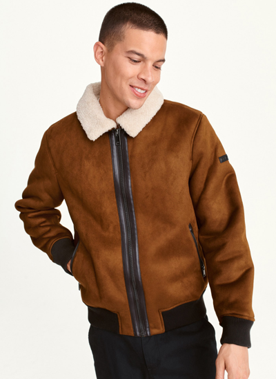 Shop Dkny Men's Faux Shearling Bomber Jacket W Sherpa 100% Polyester In Brown