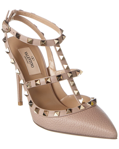 Shop Valentino Rockstud Caged 100 Grainy Leather Pump In Beige