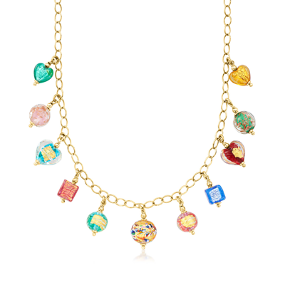 Shop Ross-simons Italian Multicolored Murano Glass Bead Drop Necklace In 18kt Gold Over Sterling. 18 Inches In Green