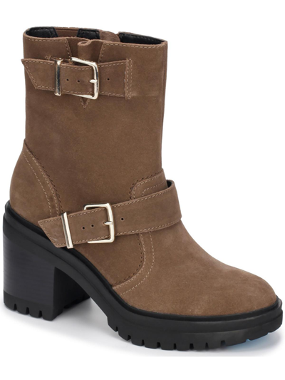 Shop Kenneth Cole New York Rhode Heel Buckle Womens Faux Leather Casual Ankle Boots In Beige