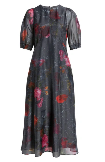 Shop Ted Baker Mekayla Floral Puff Sleeve Midi Dress In Black