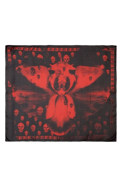 Shop Alexander Mcqueen Skull Orchid Silk Scarf In 1074 Black/ Red