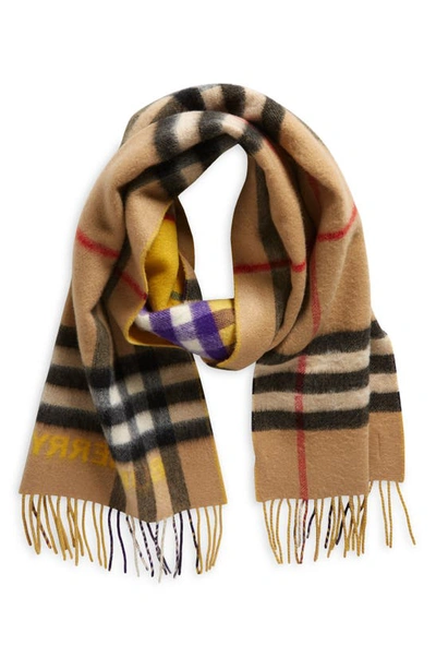 Shop Burberry Giant Check Reversible Cashmere Scarf In Arch Beige / Pear