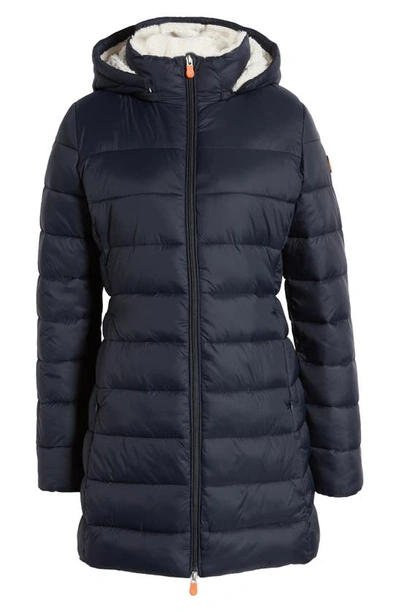 Shop Save The Duck Joanne Hooded Longline Puffer Jacket In Blue Black
