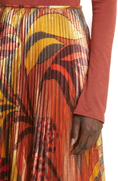 Shop Johanna Ortiz Beyond Convention Metallic Floral Pleated Maxi Skirt In Palm Brown/ Yellow