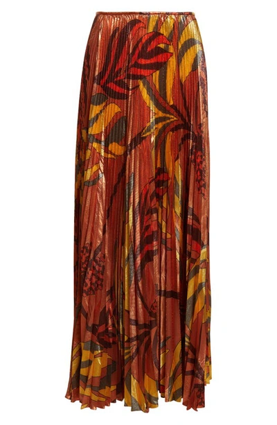 Shop Johanna Ortiz Beyond Convention Metallic Floral Pleated Maxi Skirt In Palm Brown/ Yellow
