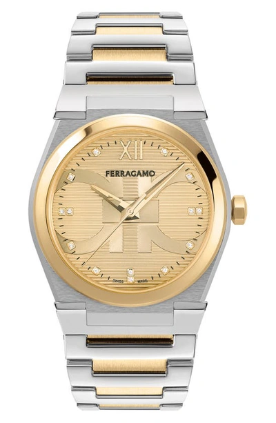 Shop Ferragamo Vega Holiday Capsule Diamond Bracelet Watch, 40mm In Two Tone Gold