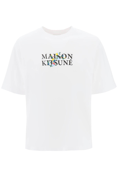 Shop Maison Kitsuné Flowers Logo Oversized T-shirt In White (white)