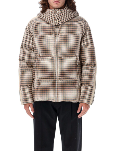 Shop Palm Angels Micro Check Hooded Puffer Jacket In Brown
