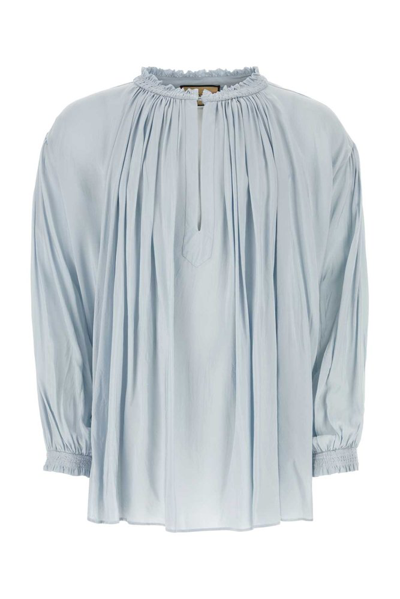 Shop Gucci Roundneck Pleated Long Sleeve Shirt In Blue
