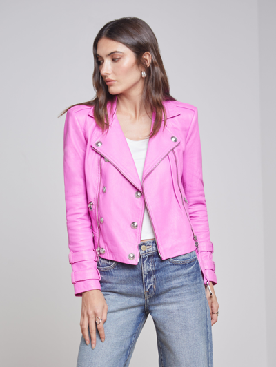 Shop L Agence Billie Belted Leather Jacket In Hot Pink