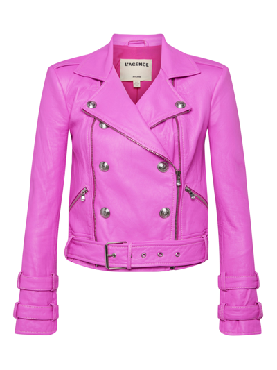 Shop L Agence Billie Belted Leather Jacket In Hot Pink