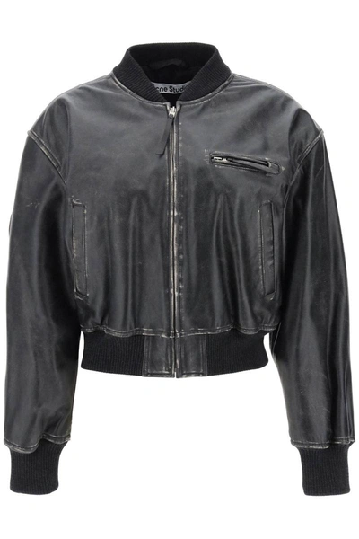 Shop Acne Studios Lived-in-effect Leather Bomber Jacket In Black