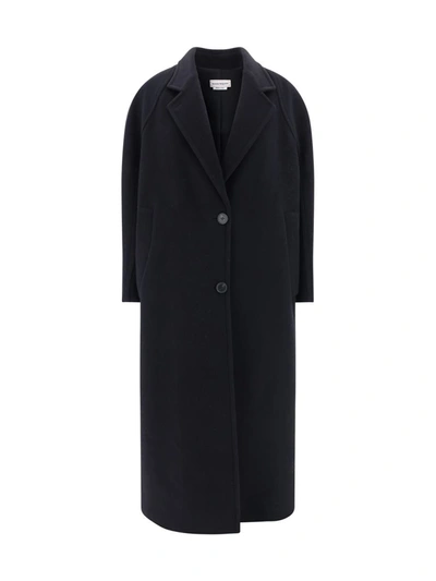 Alexander Mcqueen Double-breasted Wool Blend Coat With Buckle Detail In Black
