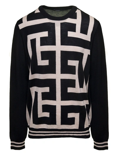 Shop Balmain Black Sweater With Maxi Monogram In Wool Man