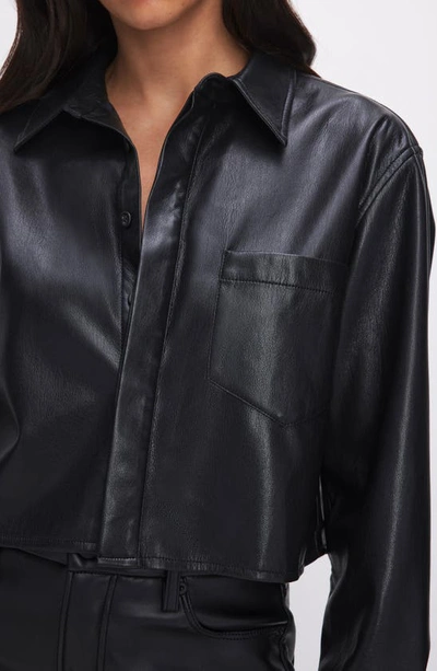 Shop Good American Faux Leather Crop Button-up Shirt In Black001