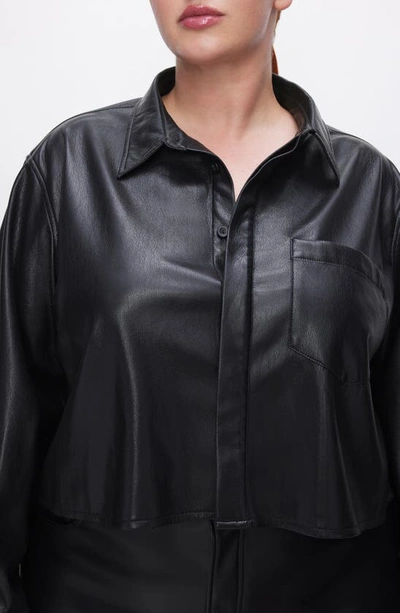 Shop Good American Faux Leather Crop Button-up Shirt In Black001