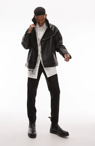 Shop Topman Faux Leather Biker Jacket With Faux Shearling Collar In Black