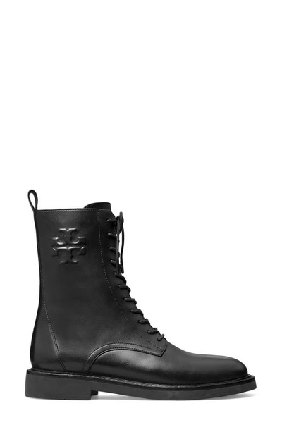 Shop Tory Burch Double-t Croc Embossed Combat Boot In Perfect Black