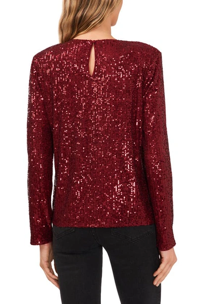 Cece Sequin Long Sleeve Top In Dark Wine