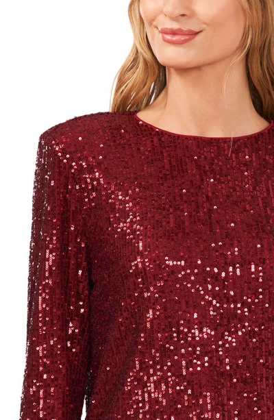 Cece Sequin Long Sleeve Top In Dark Wine