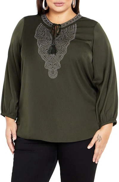 Shop City Chic Embellished Split Neck Top In Khaki