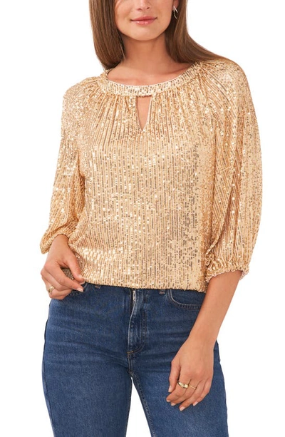 Shop Vince Camuto Sequin Keyhole Neck Blouse In Gold