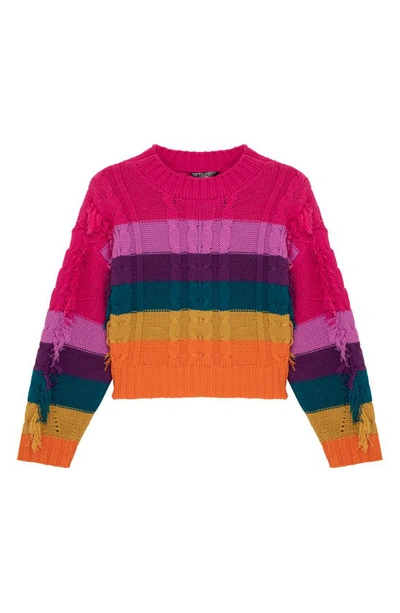 Shop Truce Kids' Stripe Fringe Cable Sweater In Pink Multi