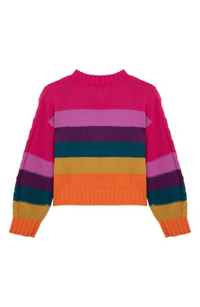 Shop Truce Kids' Stripe Fringe Cable Sweater In Pink Multi