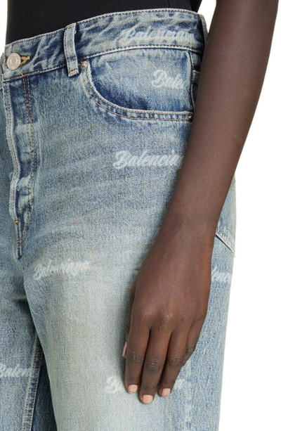 Shop Balenciaga Logo Print Crop Wide Leg Jeans In Pale Blue