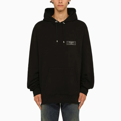 Shop Balmain Wide Hoodie With Logo Patch In Black