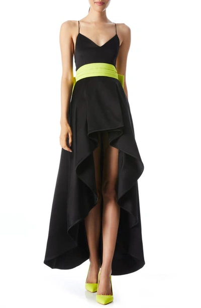 Shop Alice And Olivia Joss Bow Back High-low Gown In Black/ Citron