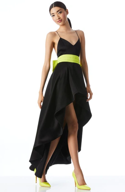 Shop Alice And Olivia Joss Bow Back High-low Gown In Black/ Citron