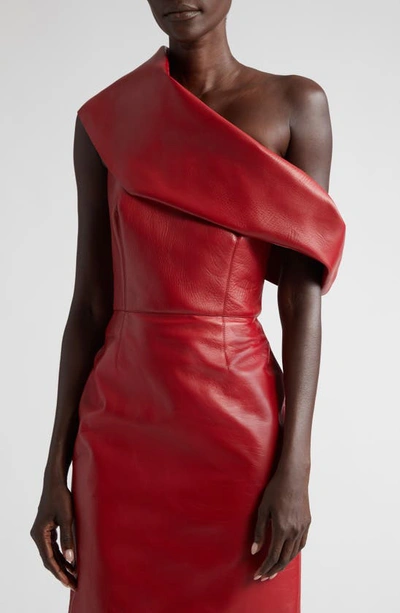 Shop Alexander Mcqueen One-shoulder Draped Leather Midi Dress In Blood Red