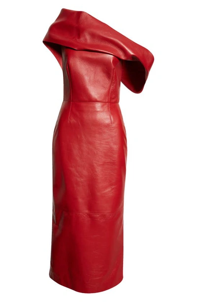 Shop Alexander Mcqueen One-shoulder Draped Leather Midi Dress In Blood Red