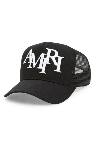 Shop Amiri Staggered Logo Embroidered Trucker Hat In Black