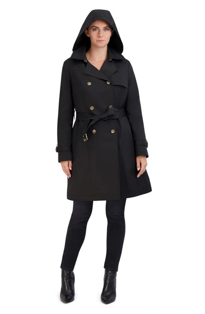 Shop Cole Haan Signature Insulated Double Breasted Hooded Trench Coat In Black