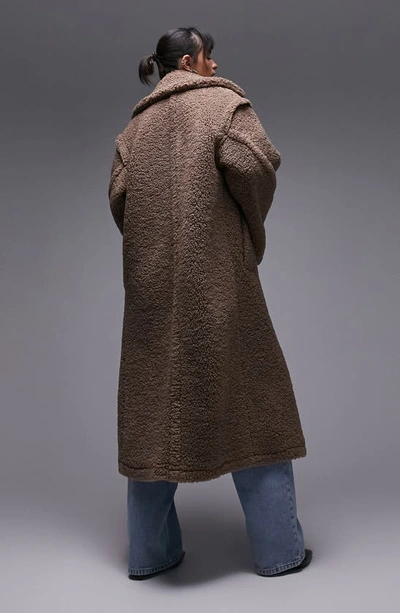 Shop Topshop Fluffy Long Line Teddy Coat In Brown