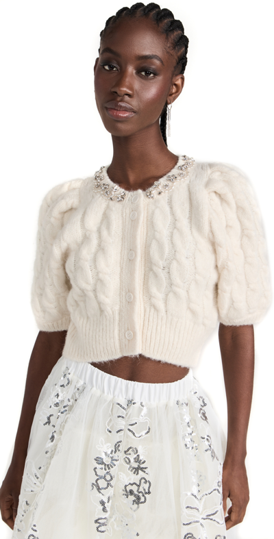 Shop Simone Rocha Cropped Cable Puff Sleeve Cardigan Ivory/pearl/clear