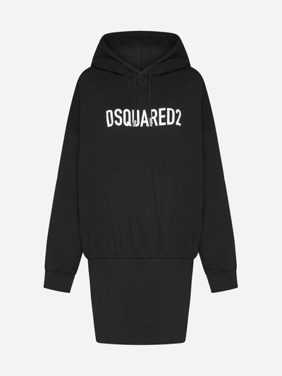 Shop Dsquared2 Logo Hooded Cotton Dress In Nero