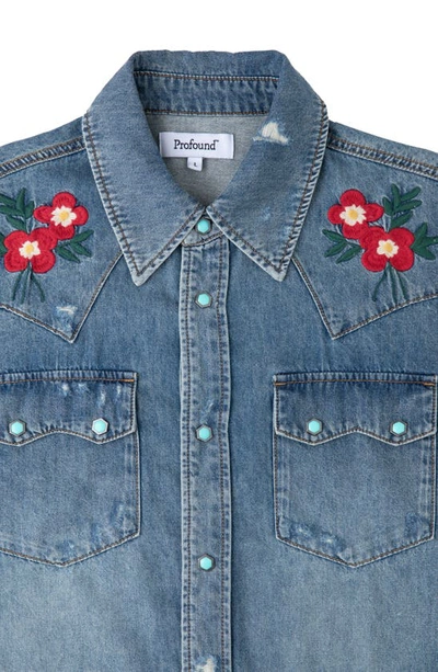 Shop Profound Distressed Embroidered Western Denim Button-up Shirt In Blue