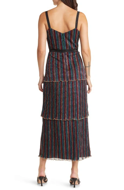 Shop Saylor Aviva Metallic Stripe Tiered Midi Dress In Rainbow