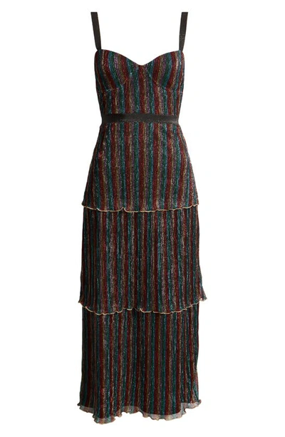 Shop Saylor Aviva Metallic Stripe Tiered Midi Dress In Rainbow