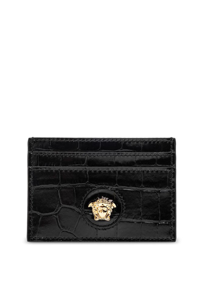 Shop Versace Medusa Plaque Embossed Cardholder In Black