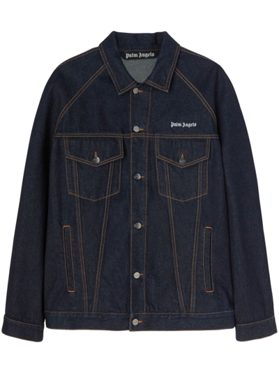 Shop Palm Angels Denim Jacket With Embroidery In Blue