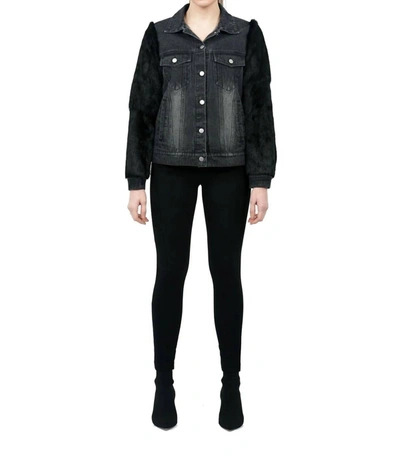 Love Token Murray Genuine Real Rabbit Fur Sleeve Denim Coat In Black Denim In Black